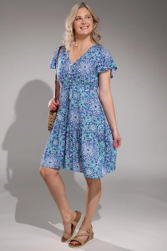 V neck  & cap frill sleeve Dress | Blues Sage Vine | 3343A1