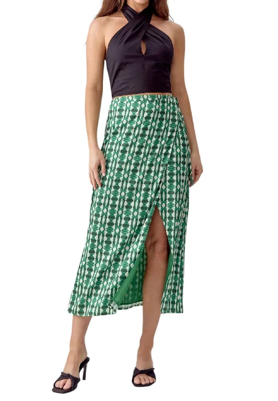 Meredith Wrap Midi Skirt In Green Ivory