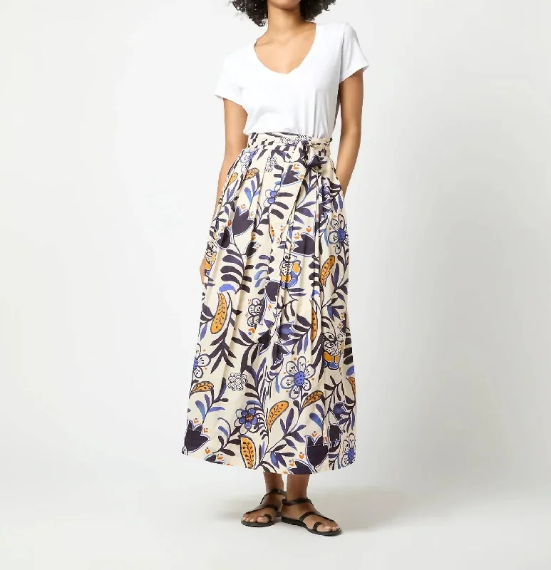 Pleated Wrap Midi Skirt In Blue/tangerine Floral Cotton Lawn