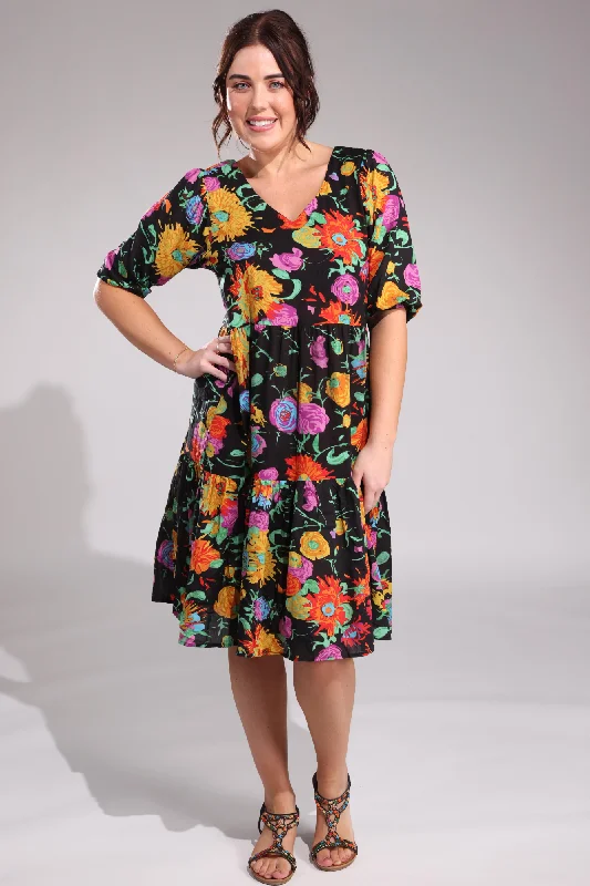 V neck Dress with side pockets | Black Multi Flowers | 6533A1