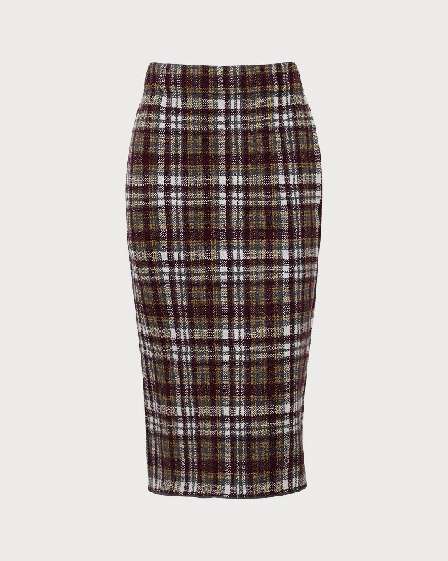 Red Plaid Elastic Waist Straight Midi Skirt