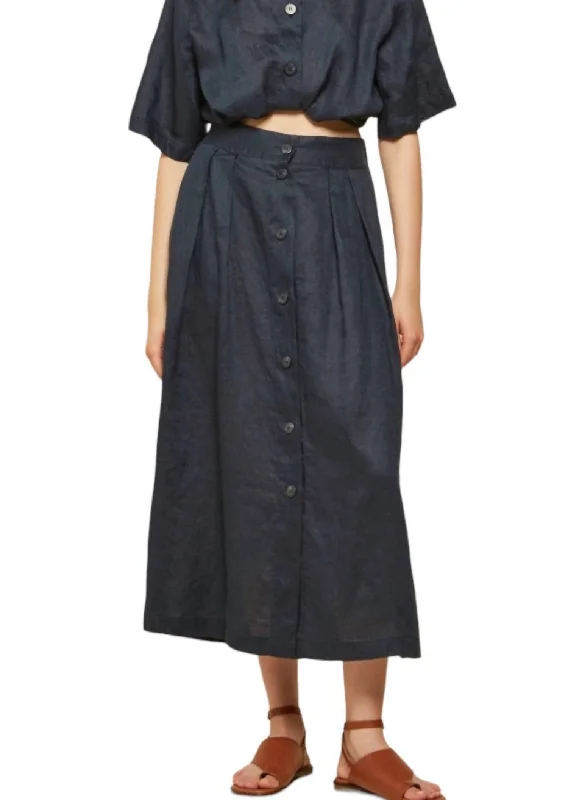 Linen Long Skirt In Navy Blue