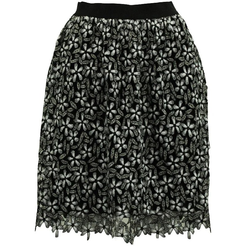 Self Portrait Floral Guipure Lace Skirt in Black and White Midi Skirt Polyester