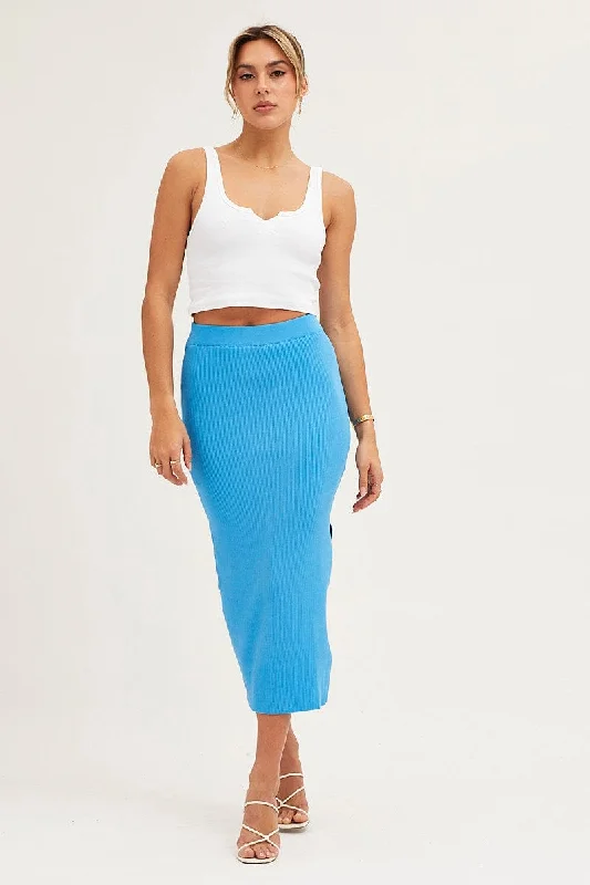 Blue Elastic Waist Side Split Knit Midi Skirt