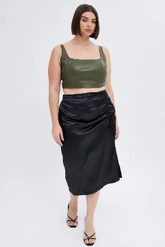 Black Midi Skirt Drawstring Satin Split