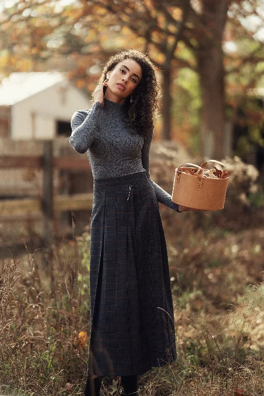 Pin Closure Wrap Skirt-Blue Plaid