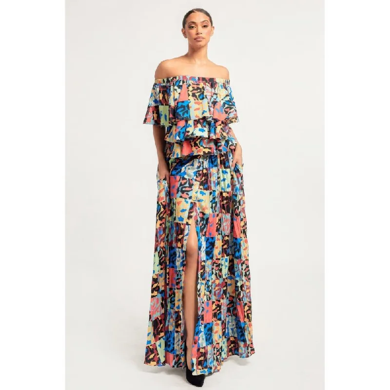 Printed Ruffle Top And Pleated Skirt Set