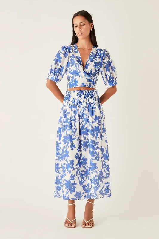 Santorini Blue Floral Midi Skirt