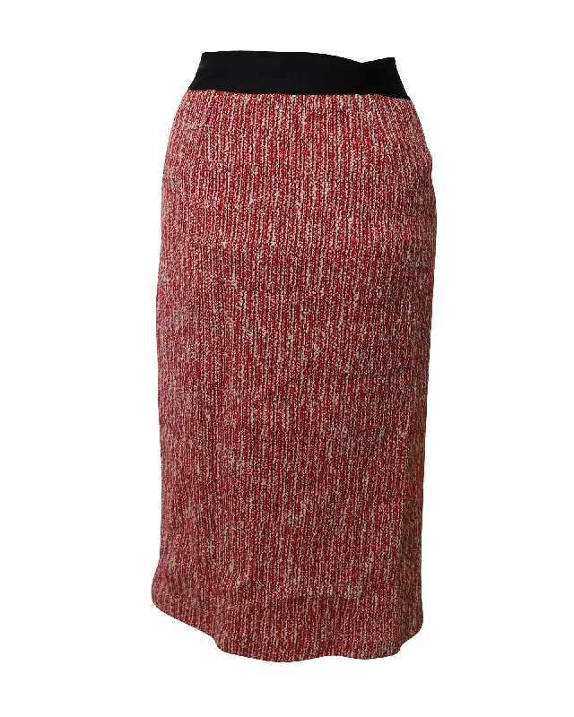 Maje Jivor Tweed Pencil Midi Skirt in Red Cotton