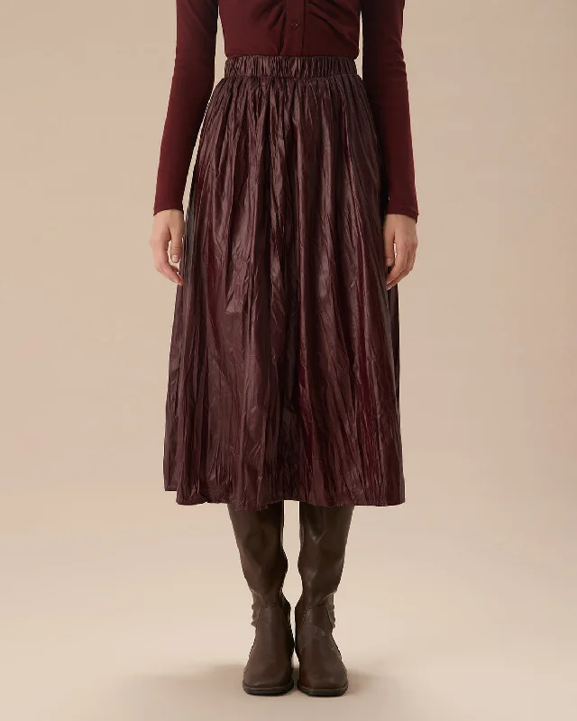 Wine Red Elastic Waist Ruched Midi Skirt