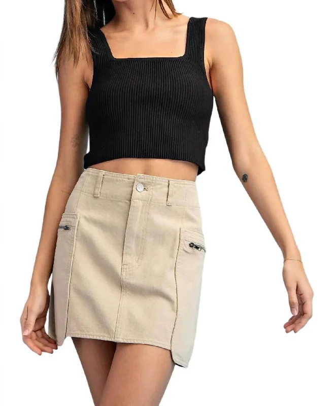 Stone Washed Mini Cargo Skirt In Taupe