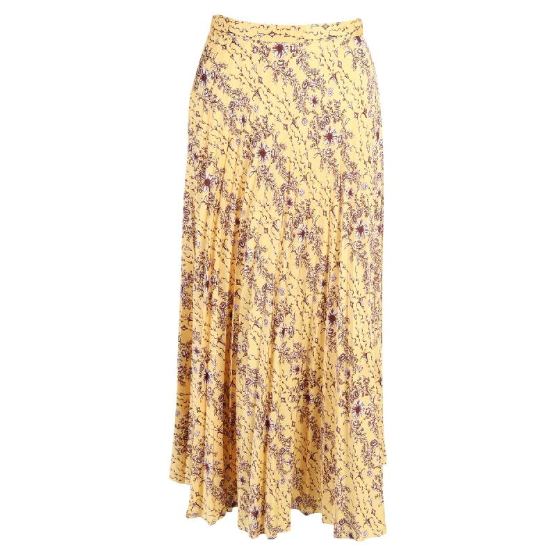 Sandro Lilou Pleated Floral-Print Midi Skirt in Yellow Satin