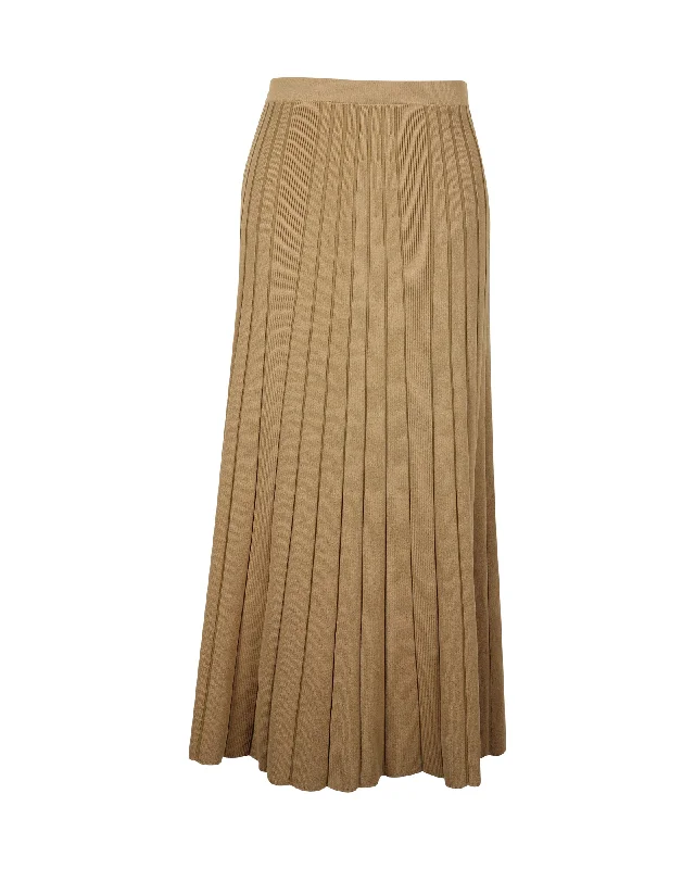 Sandro Paris Ribbed Pleated Midi Skirt in Khaki Viscose