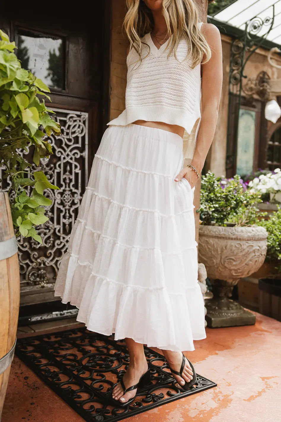 Minerva Tiered Midi Skirt in White