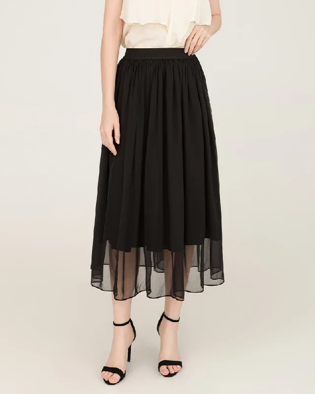 Black Silk Midi Skirt with Tulle Layer