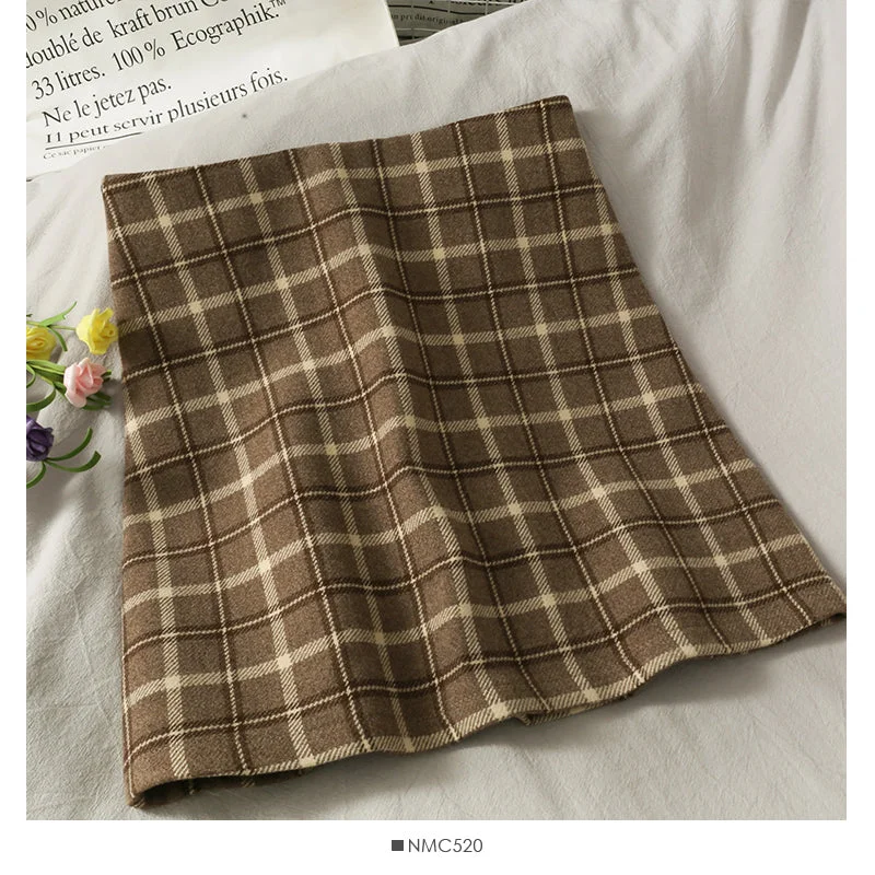 Vintage Plaid high waist thin A-line short skirt for women  2523