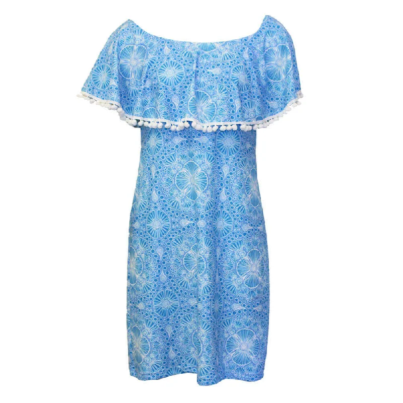 Island Trends Zoey Dress with Pompoms on Ruffle Neck - Blue St. Barts