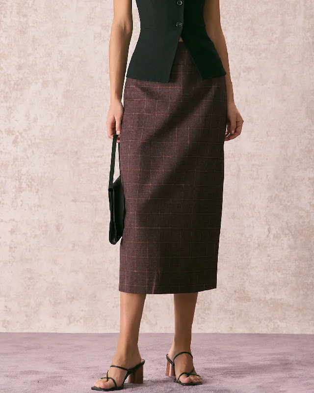 The Coffee High Waisted Plaid Midi Skirt