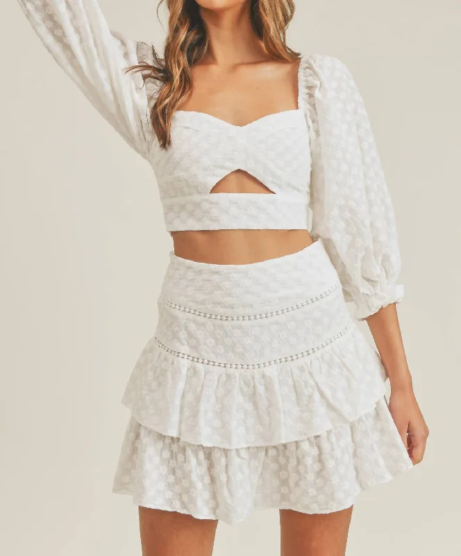 Eyelet Crop Top And Mini Skirt Set In White