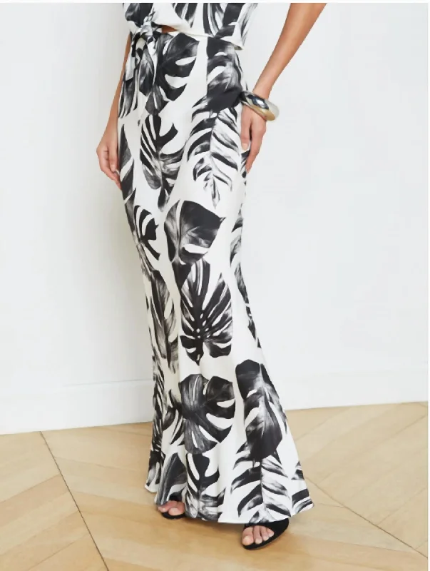 Zeta Long Skirt In Black And White Plam Print