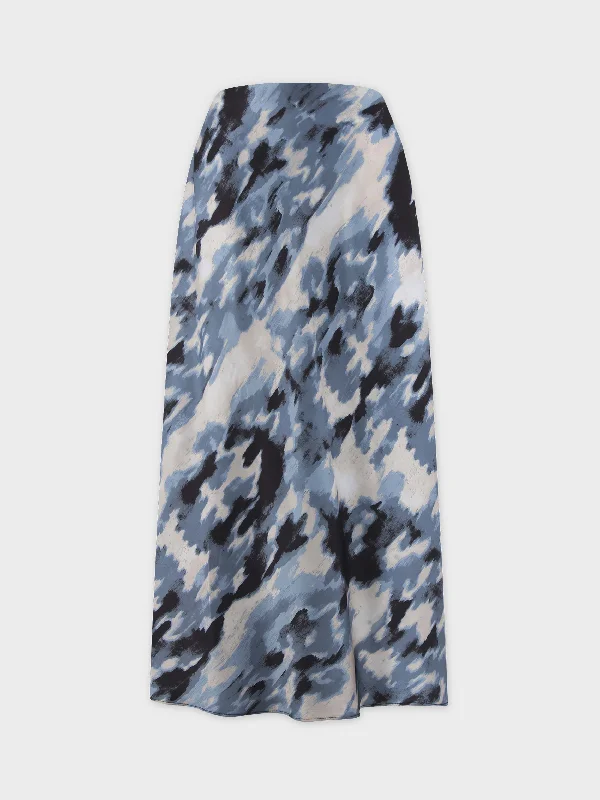 Printed Satin Slip Skirt-Blue Brushstrokes