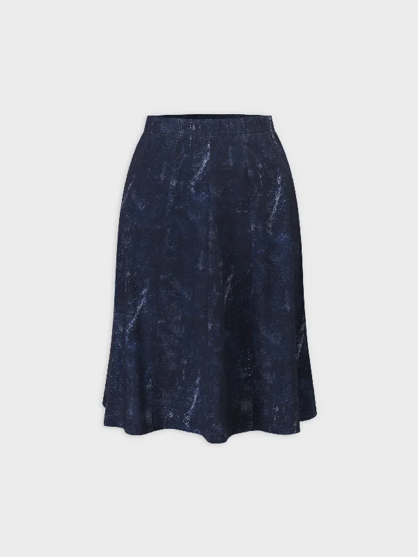 Denim Printed Panel Skirt-Blue 24"