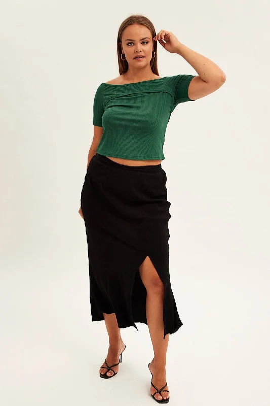 Black Midi Skirt Elastic Waist Split Side Linen Blend