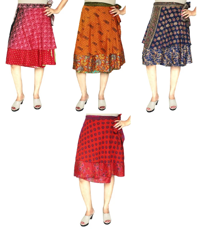 Women's Indian Sari Magic Wrap Short Skirt Wholesale 4 Pcs Lot Two Layers