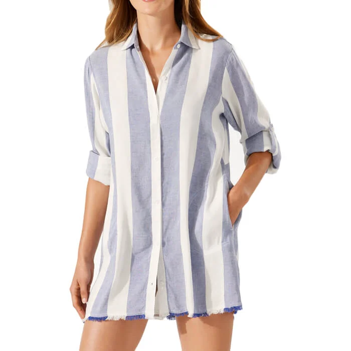 Tommy Bahama Rugby Beach Stripe Boyfriend Shirt Dress Coverup - White