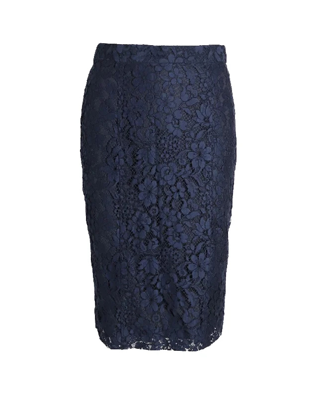 Joseph Midi Pencil Skirt in Navy Blue Rayon Lace