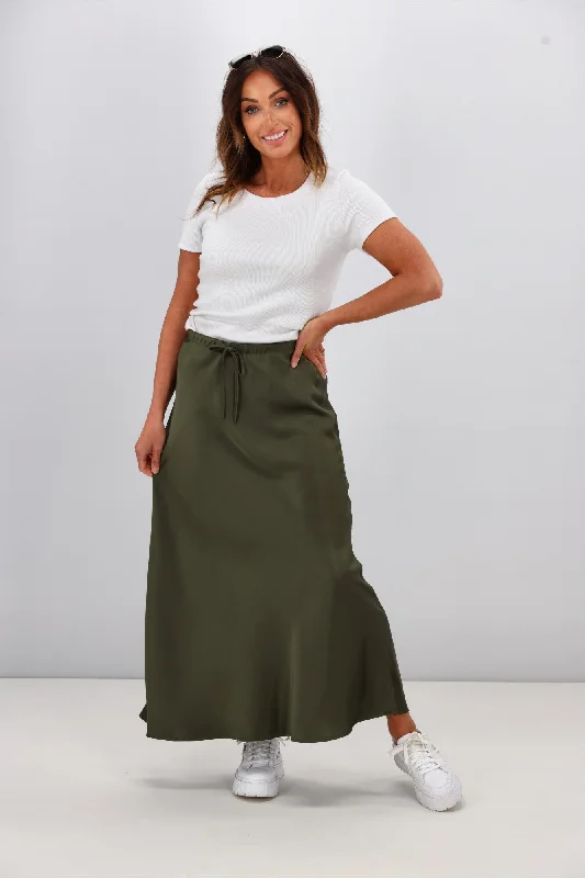 Shine On Label Hazel Satin Midi Skirt Olive