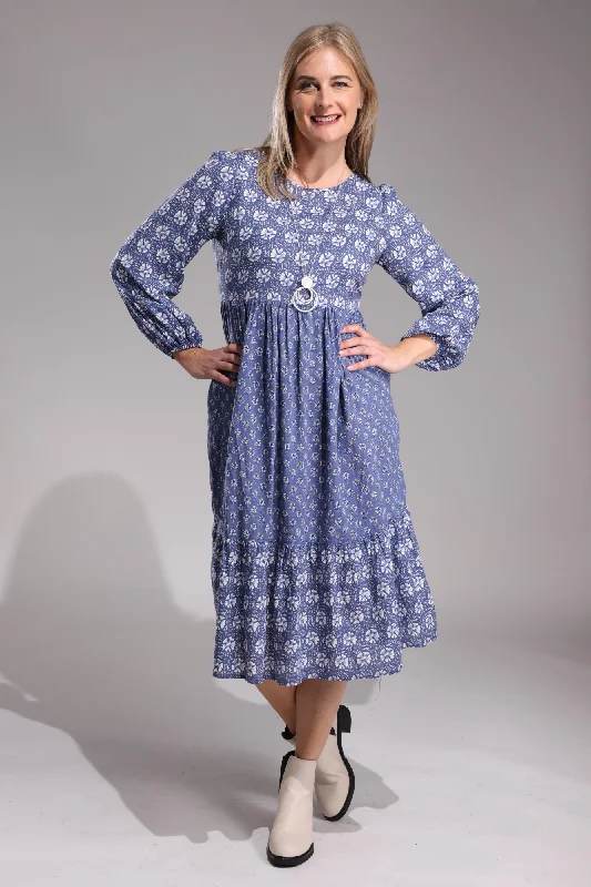 Indigo Stamp prt Cotton Rayon Dress | Indigo Stamp | 6546ZZ