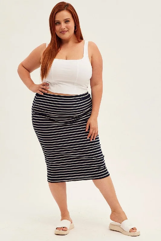 Blue Stripe Midi Skirt High Waist