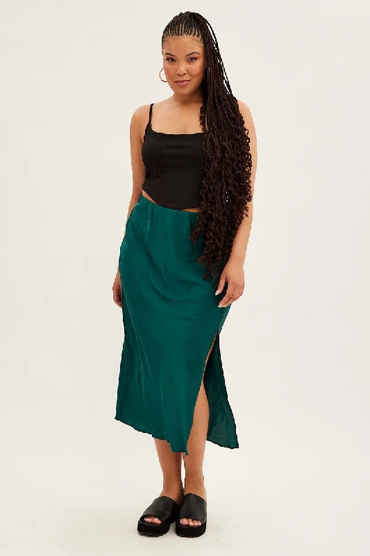 Green Midi Skirt Bias Satin With Split