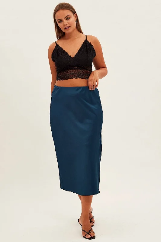 Blue Midi Skirt Bias Satin Split Side