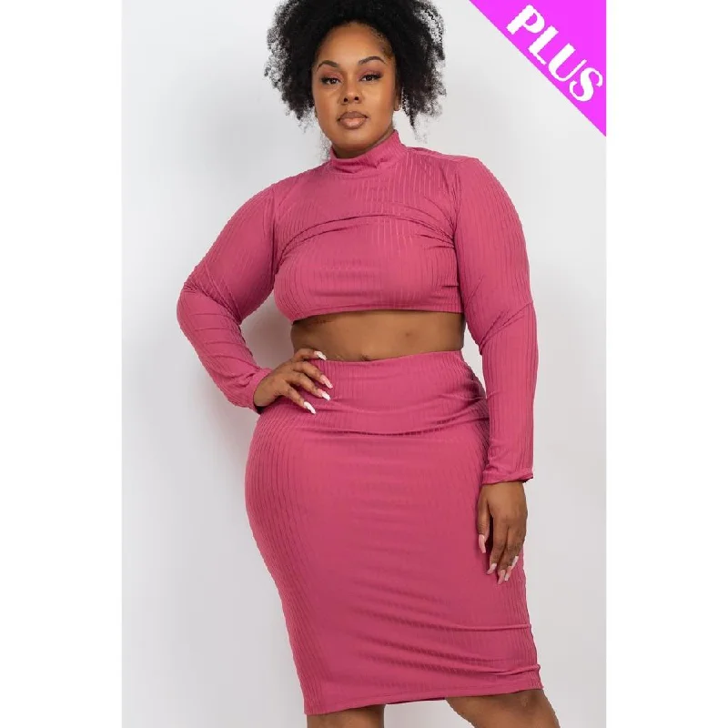 Plus Size Ribbed Mock Neck Crop Top & Midi Skirt Set