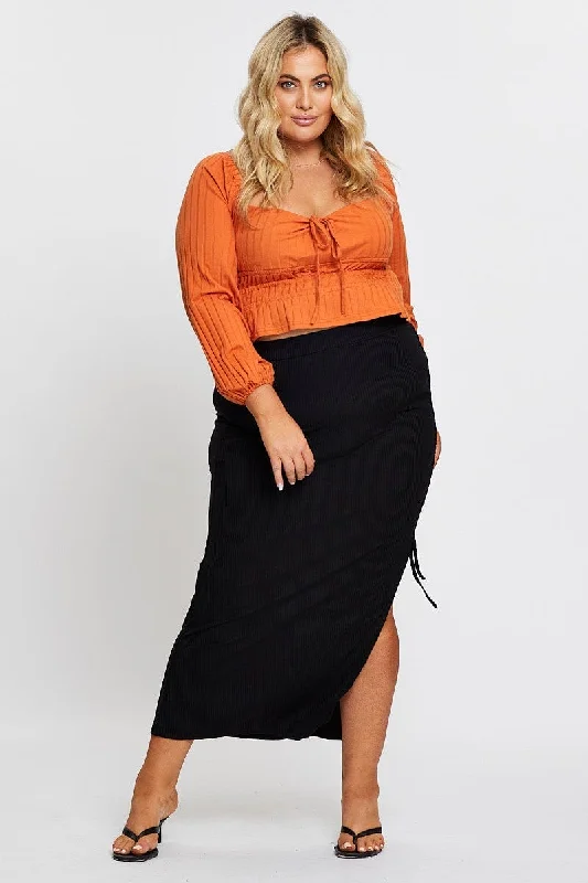 Black Rib Ruched Midi Skirt