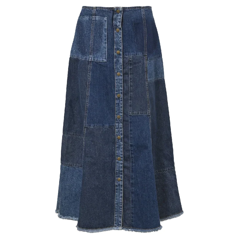 McQ By Alexander McQueen Patchwork A-line Midi Skirt in Blue Denimalexande