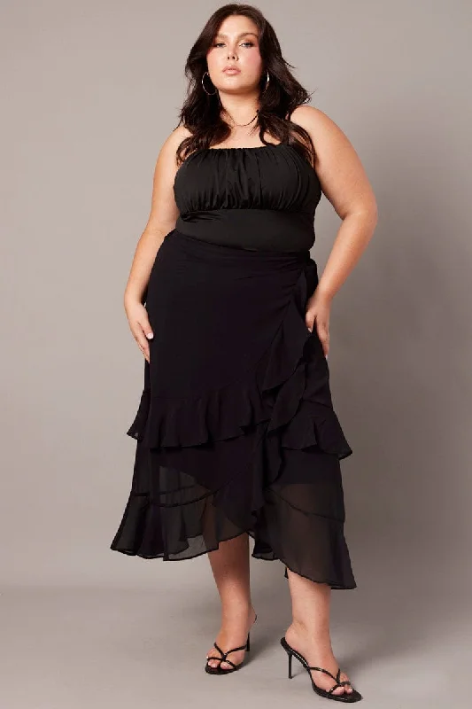 Black Frill Chiffon Midi Skirt