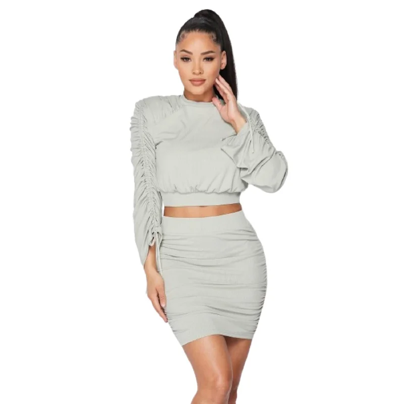 Ruched Long Sleeve And Skirt Set