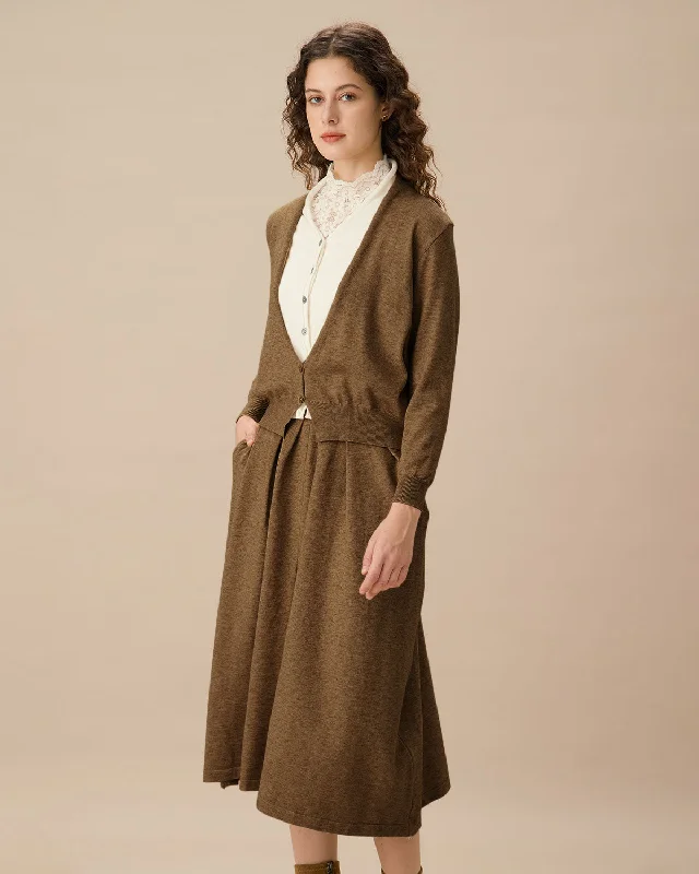 Brown V Neck Cardigan Skirt Set