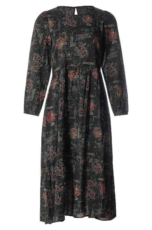 Viscose/Cotton long sleeve Dress | Black Botanical | 6535ZZ