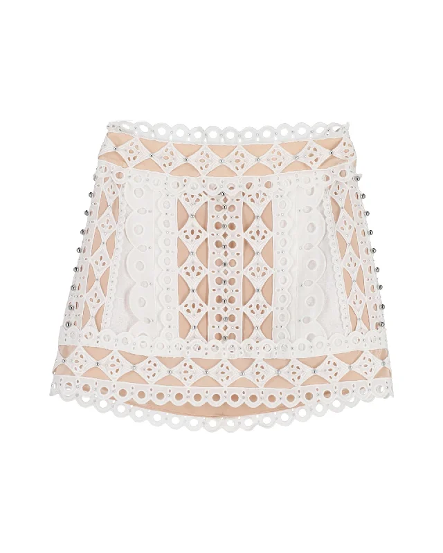 Zimmermann Moncur Studded Broderie Mini Skirt in White Cotton