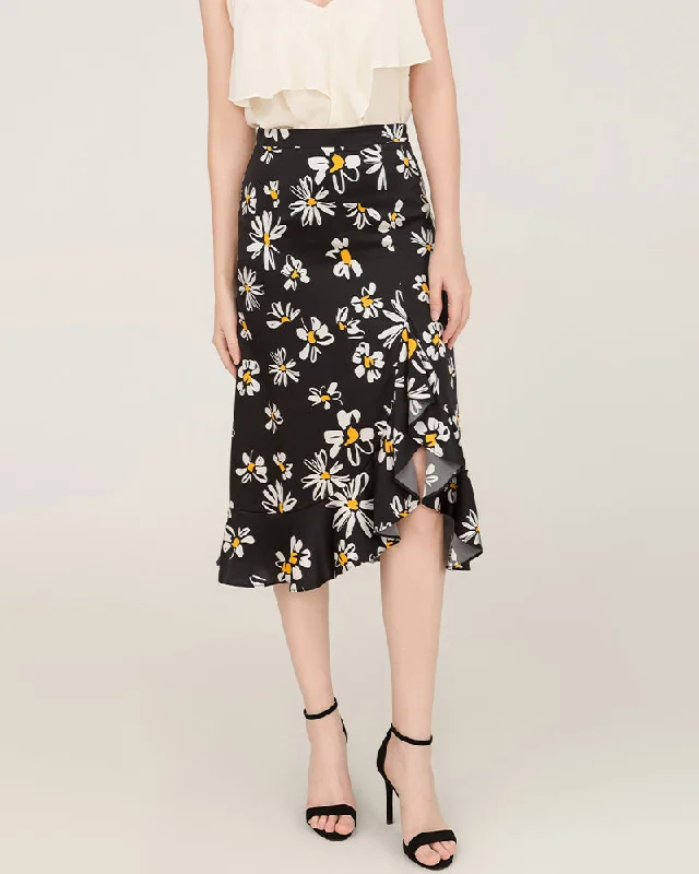 Daisy Print Asymmetrical Hem 100% Silk Midi Skirt