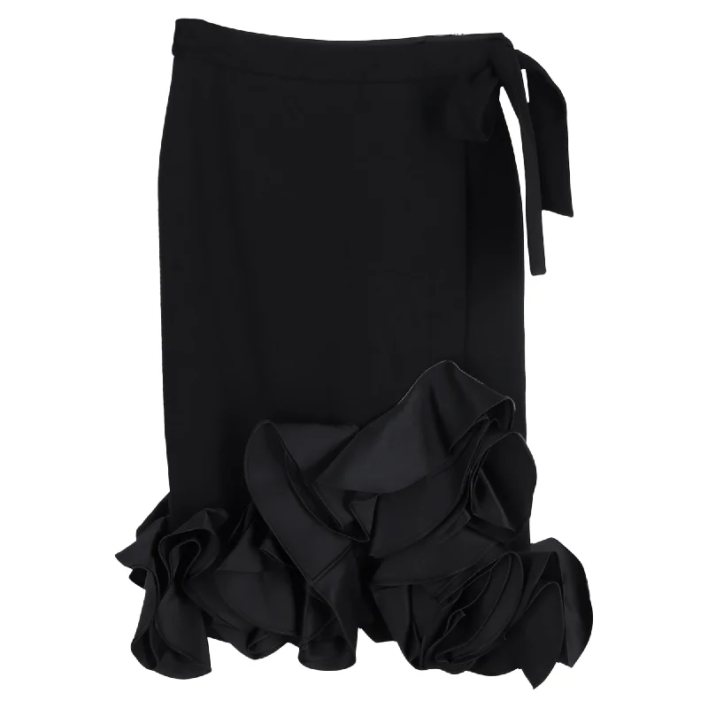 Victoria Beckham Ruffled Hem Midi Skirt in Black Wool