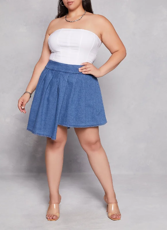 Plus Size Daisy Asymmetrical Pleated Denim Skort