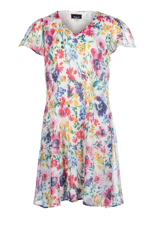 Short sleeve printed Yoryu Dress | Purple Multi Garden | 8583A1