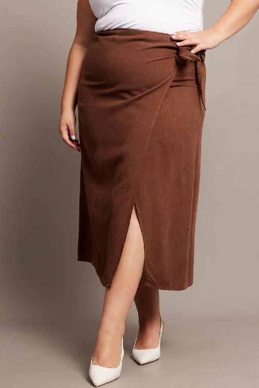 Brown Faux Wrap Linen Blend Midi Skirt