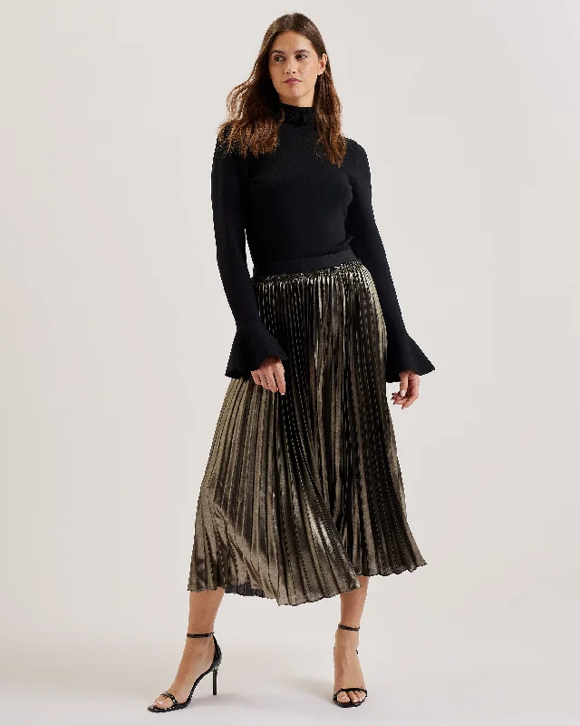 Kese Metallic Pleated Midi Skirt Gold