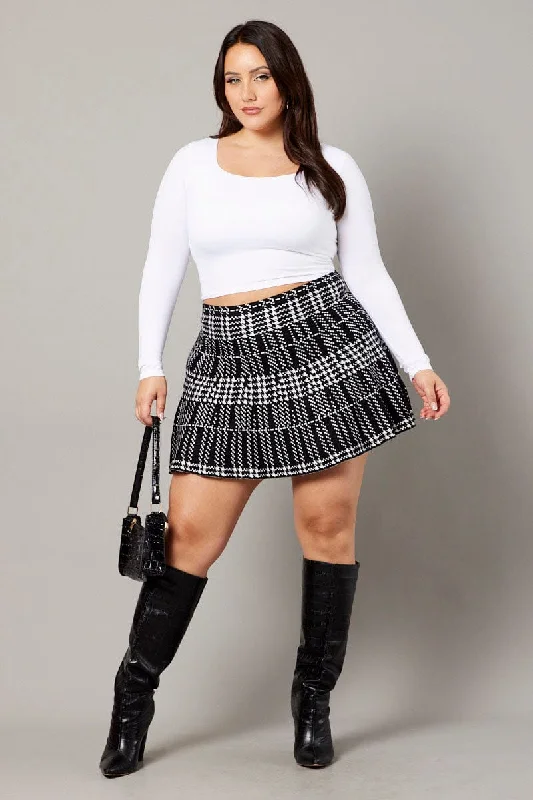 Black Check Knit Flare Mini Skirt